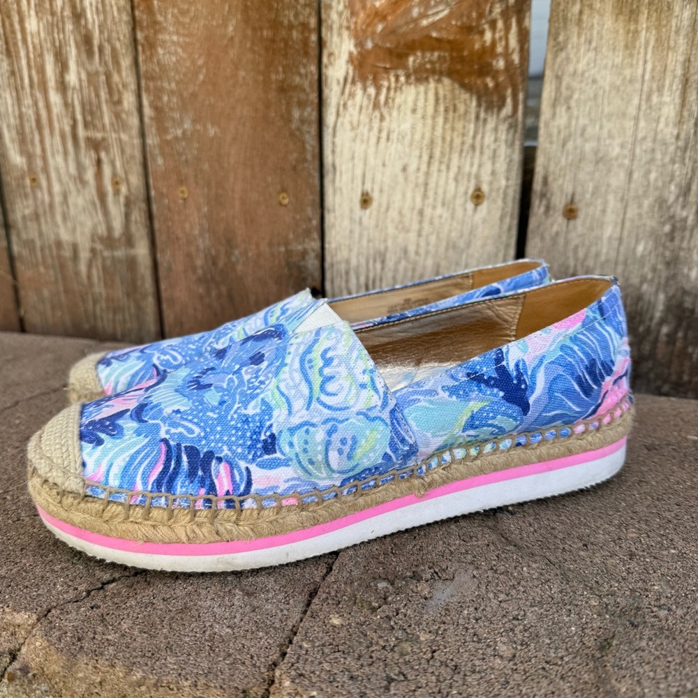 Lilly Pulitzer Women’s Marlo Blue Pink Espadrille Platform Loafer Shoe Size 8 - Picture 1 of 11